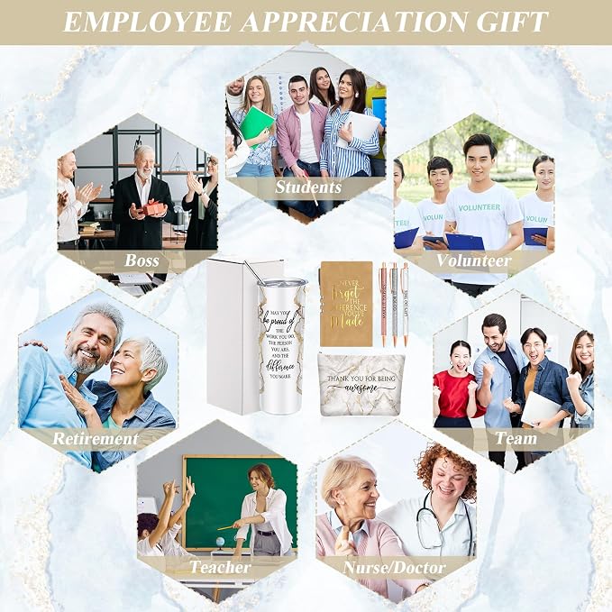 Domensi 6 Pcs Employee Appreciation Gift Set for Women Female Thank You Gift May You Be Proud 20 oz Rustic Marble Sign Tumbler Makeup Bag Journal for Boss Teacher Work Business(White)