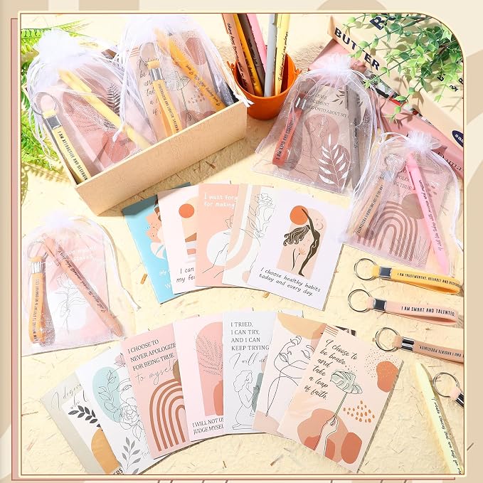 Mooliwe 24 Set Positive Affirmation Gift Set Gratitude Notebooks with Pens Keychains Small Bags Motivational Party Favors for Adult Women Coworkers Employee Group (Abstract)