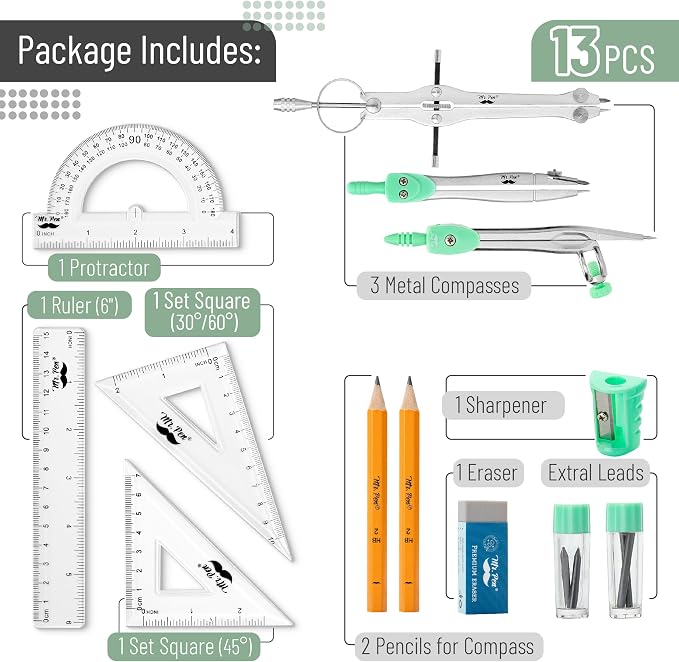 Mr. Pen- Geometry Set, 13 pcs, 3 Metal Compasses, Protractor, 6" Ruler | 45° & 30°/60° Set Squares, Pencils, Lead Refills, Sharpener & Eraser for Math, Drafting & Classroom Use | 45° & 30°/60° Set Squares, Pencils, Lead Refills, Sharpener & Eraser for ...