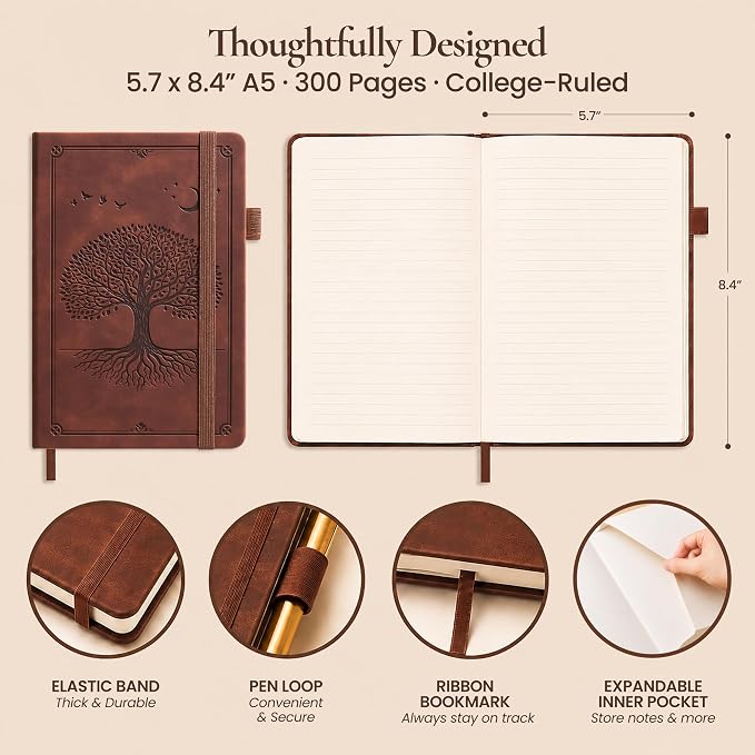 Lined Journal Notebook Hardcover Leather Bound 300 Pages A5 Brown Diary | College Ruled 5.7x8.4" Journaling Notebooks for Men & Women, Writing for Personal, Thick Travel Daily Note Book Tree of Life