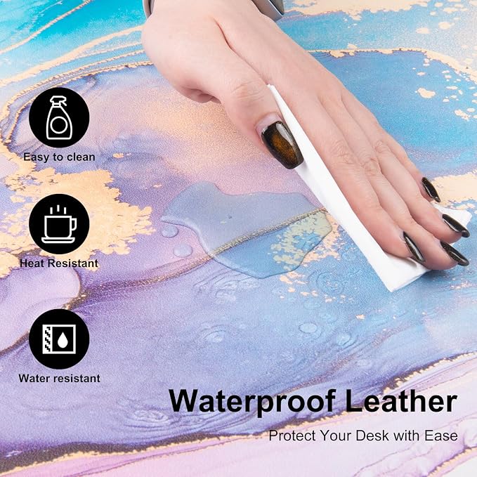 Colorful Star Waterproof Blue Purple Marble Desk Pad, 31.5" x 15.7" | PU Leather Desk Mat Large Keyboard and Gaming Mouse Pads for Office, Non-Slip Writing Pad Desk Accessories for Women Men