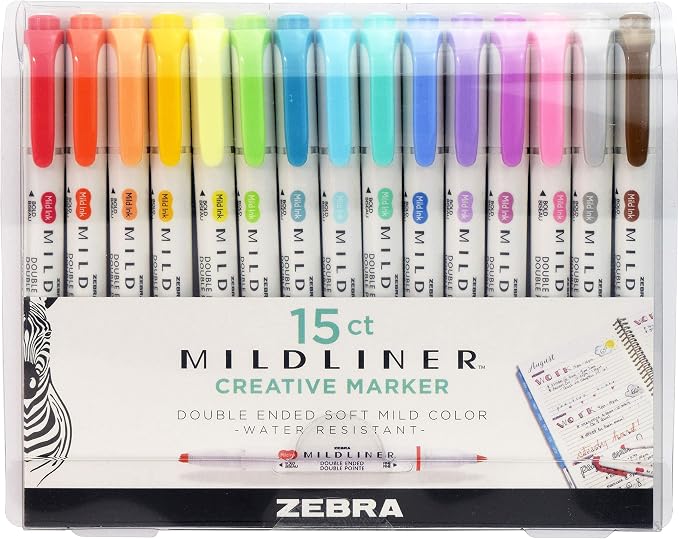 Zebra Pen Mildliner Double Ended Highlighter Set, Broad and Fine Point Tips, Assorted Ink Colors (Pack of 6, 90 Count Total)