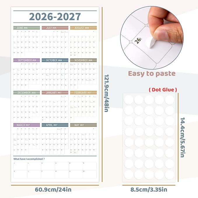 GuassLee Large Yearly Wall Calendar 2026-2027, Full Year Calendar One Page, Jun. 2026- May 2027, Annual Wall Calendar 2026, 24"X 48" Wall Calendar 2026 Large with Foam Stickers