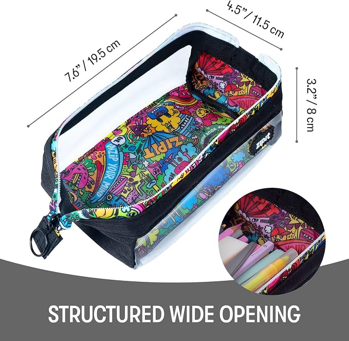 ZIPIT: Lenny Pencil Case - Clear & Doodles - Large Storage Capacity Zipper Pouch, Colorful Makeup-Stationery Bag, School-Office-Travel, Kid-Teen-Adult