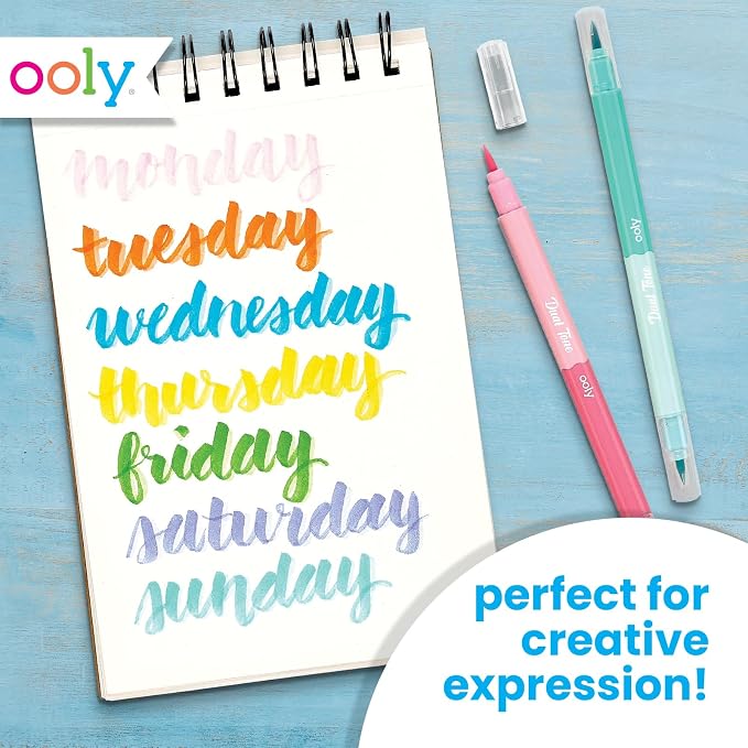 Ooly Dual Tone Calligraphy Markers, Set of 12, 24 Colors | Brush Tip Pens for Writing and Hand Lettering, 24 Colors, Acid-Free Ink, Great for Kids and Adults, Ages 8+