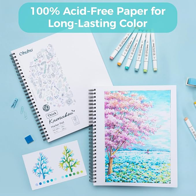 Ohuhu 11"x14" Double-Sided Bleedproof Marker Pad Art Sketchbook 50 Sheets | Large Sketch Book - 160 LB/280 GSM Smooth Drawing Paper - 50 Sheets/100 Pages - Spiral-Bound Sketch Pad for Alcohol Markers