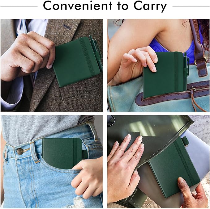 feela 6 Pack Pocket Mini Notebooks Bulk, Small Cute Memo Notepads Hardcover College Ruled Lined Journals with Pen Holder for School Business Work, with 6 Black Pens, 3.5”x 5.5”, A6, Dark Green