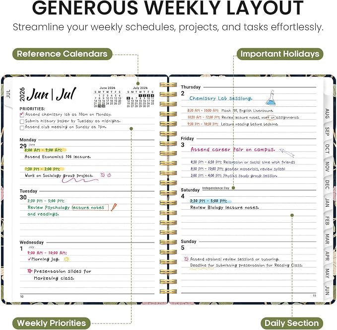 Planner 2026-2027, Academic Year Monthly and Weekly Calendar Planner, Jul 2026 - Jun 2027, Hardcover Teacher Student Planning Agenda book with Tabs, Perfect for School Office Supplies, 6.3" x 8.5" - Blush Vines