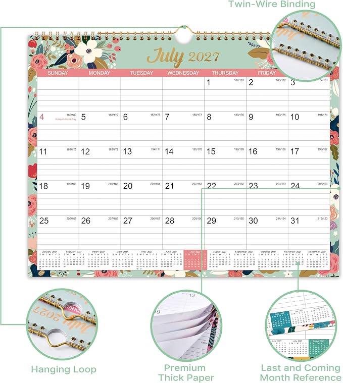 2027 Calendar - 2027 Wall Calendar, Jan.2027 - Dec.2027, 15" x 11.5" | 2027 Wall Calendar 12 Month, Twin-Wire Binding, Julian Dates, Large Block, Notes, To-do List, Thick Paper - Floral