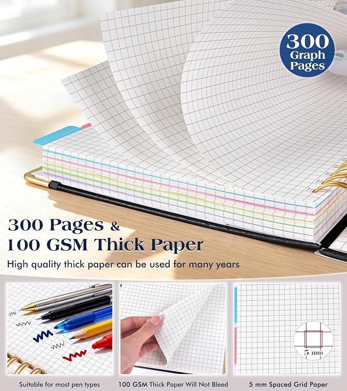 5 Subject Graph Paper Notebook with Removable Dividers Tabs, 300 Pages Hardcover Leather Grid Spiral Journal, 8"x10" B5 Large Graphing Notebooks for Women Men Work School College Engineering, Black