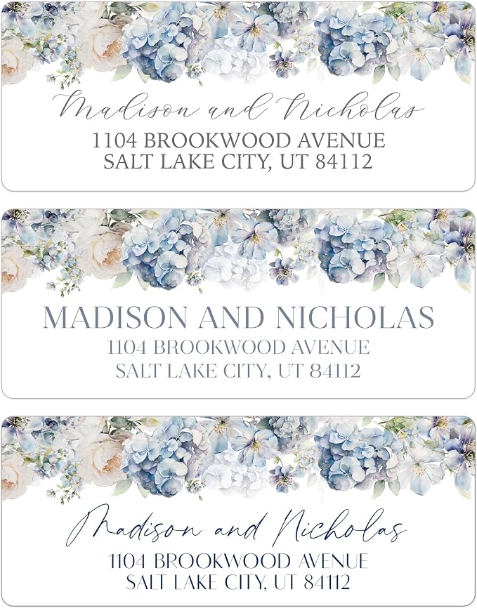 Return Address Labels Personalized with Your Choice of 30 Flower Styles - Choose Font and Font Color or Add Custom Text - Perfect for Wedding Envelopes (022 Blue and White Flowers)