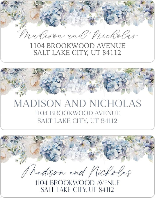 Return Address Labels Personalized with Your Choice of 30 Flower Styles - Choose Font and Font Color or Add Custom Text - Perfect for Wedding Envelopes (022 Blue and White Flowers)