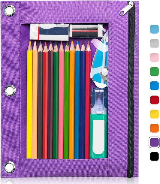 Forvencer 3 Ring Binder Pencil Pouch - Clear Window Pencil Case with Smooth Zipper, Big Capacity Pencil Bag with 3 Reinforced Grommets, Purple