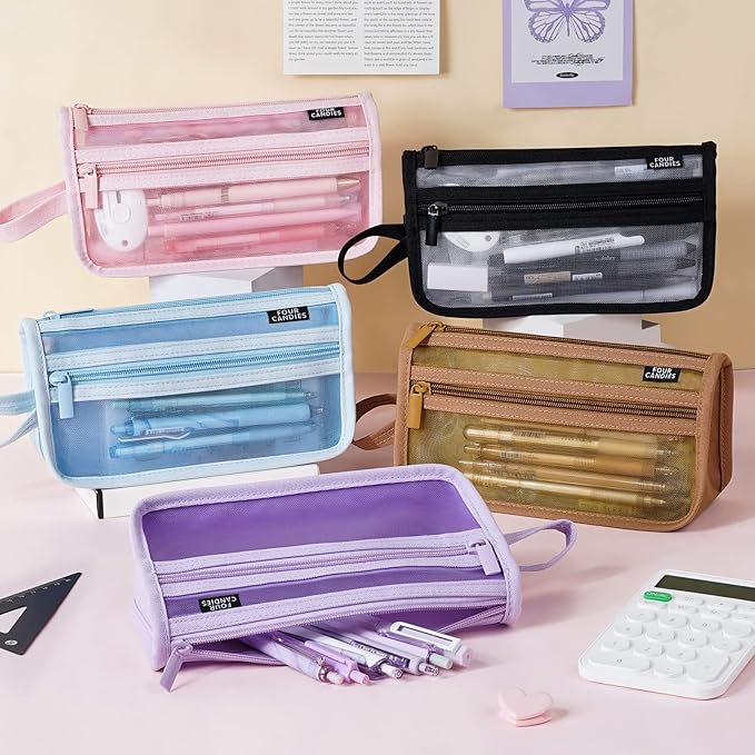 Four Candies Grid Mesh Pencil Case with Handle and Zipper, Clear Double-layer Pencil Pouch Marker Pouch, Travel Makeup Bag, Cute Transparent Stationary Organizer Pen Bag for Adult Office College