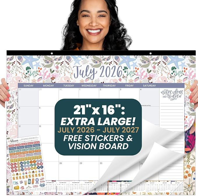 bloom daily planners Desk Calendar 2026-2027 - Academic Year Large Wall Calendar (July 2026 - July 2027) - 21” x 16” Desktop & Hanging Monthly Planner with Stickers for Home or Office - Seasonal