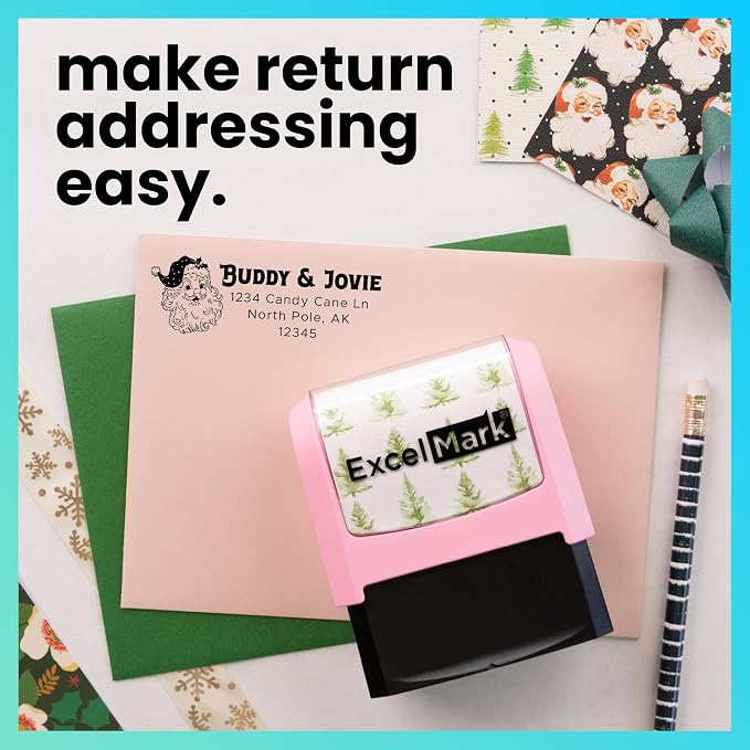 ExcelMark Address Stamp - Custom Return Address Stamp with Elegant Designs, Vibrant Colors & Patterns – Perfect for Mail, Invitations & Gifts (Holiday)