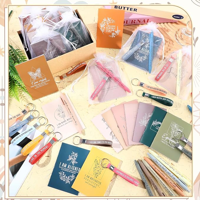 Mooliwe 12 Set Positive Affirmation Gift Set Gratitude Notebooks with Pens Keychains Small Bags Motivational Party Favors for Adult Women Coworkers Employee Group (Vibrant)