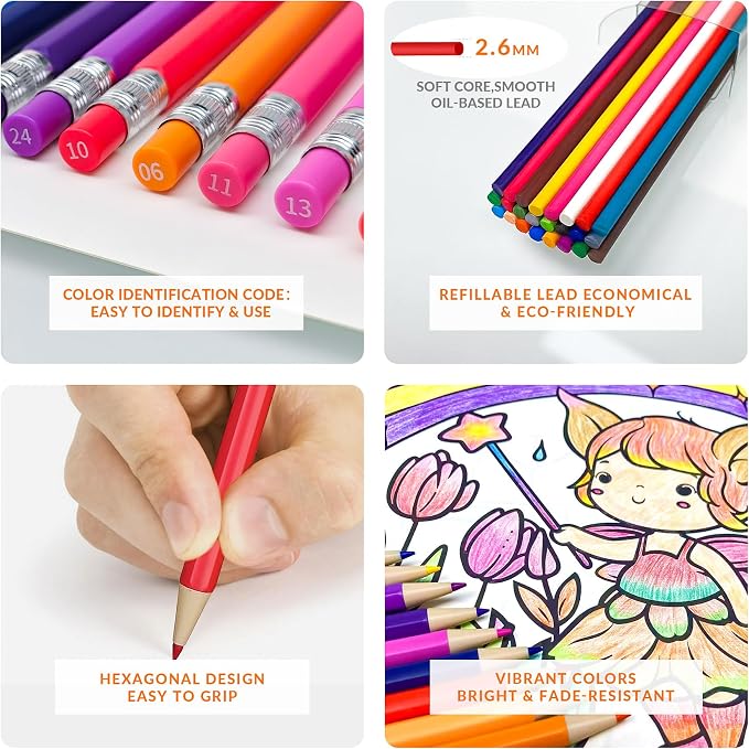 FUNLAVIE 24 Mechanical Colored Pencils with 24 Lead Refills, 48 Pcs Total, 2.6mm Oil-Based Soft Core Drawing Pencils for Adult Coloring Books, Vivid Brilliant Color for Art & Sketching, with Sharpener