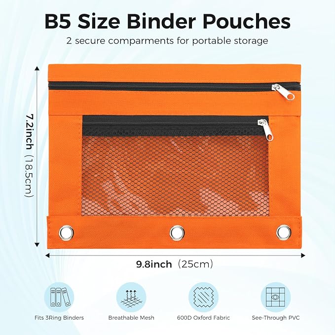 Pencil Pouch for 3 Ring Binder, Pencil Case Bag with Zipper, 600D Fabric Pencil Pouch Holder Accessories, Clear Window Pencil Case Aesthetic Back to School Organizer Pockets for Boy Girl (Orange)