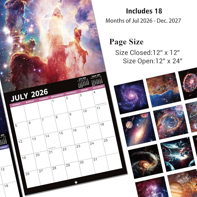 Calendar 2026-2027 - 2026-2027 Wall Calendar, Telescope Wall Calendar | Jul 2026 - Dec 2027, 12" x 24" (Open), Unruled Blocks(1.2" x 1.7") Calendar with Thick Glossy Paper, Printed clerly