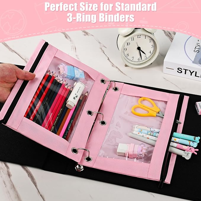 Lanpn Pencil Pouch for 3 Ring Binder 6 Pack, Pink Binder Pen Bags with Zipper, Cute 3 Holes Pencil Pouches Organizer for Boy Girl Kids School Student, Reinforced Grommets & Clear Window