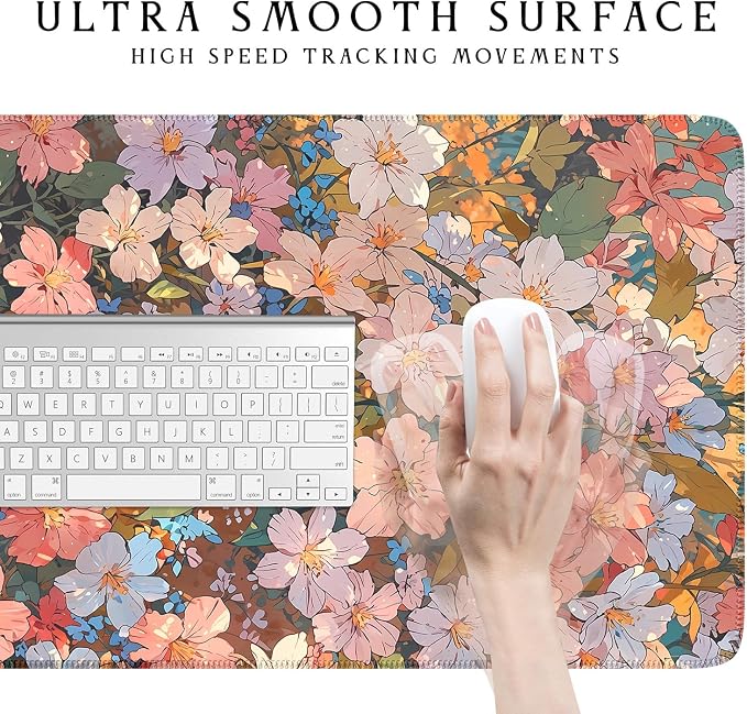 Floral Desk Mat for Women, Pastel Aesthetic Large Mouse Pad, XXL Desk Pad, Non-Slip Gaming Pad for Study Office Cubicle Decor 31.5x15.7in