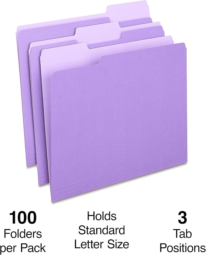 Staples Colored File Folders, Letter Size, 1/3‑Cut Tabs, Purple, Durable Paper Stock, 200/Carton
