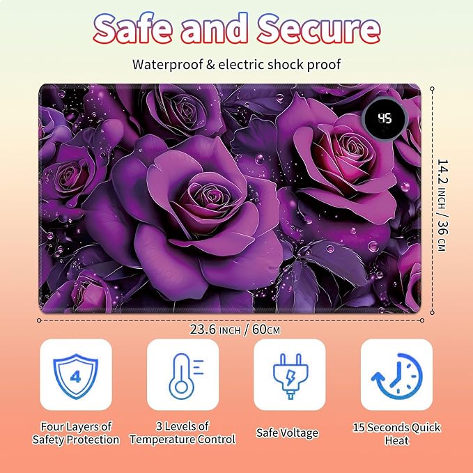 Heated Desk Pad Large Mouse Pad 23.6 x 14.1 inch with 3 Levels Heating & Auto Shut-Off Warm Mouse pad PU Leather Computer Mousepad for Home Office Work - Purple Rose Flowers