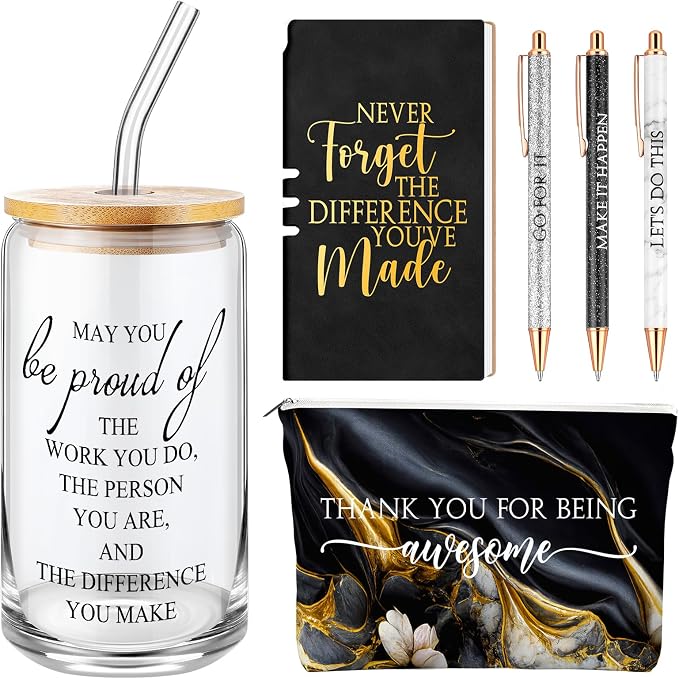 Funnymoom 6 Pcs Appreciation Gifts Set for Women Back to School Teacher Gifts Employee Thank You Gift with 17 oz Glass Tumbler Journal Pens and Pouch for Coworkers Educators,Marble,Black