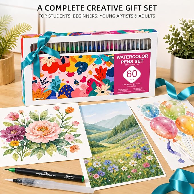 60 Watercolor Pens Set Includes 52 Vivid Colors, Real Brush Tips Paint Markers Set with 4 Blender Pens, Watercolor Pad and Coloring Pad, Art Supplies Gifts for Beginners Young Artists and Adults