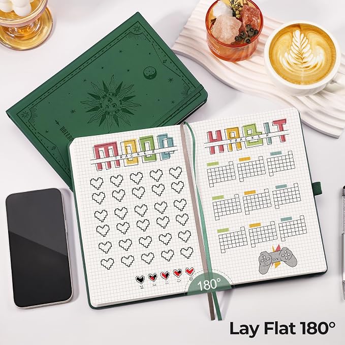 EMSHOI Graph Grid Journal Notebook, 320 Pages, A5 Size (5.7'' x 8.3'') | Leather Hardcover, 100 GSM Thick Paper, for School, Note Taking, Math, Engineering, Sun Debossed (Dark Green)