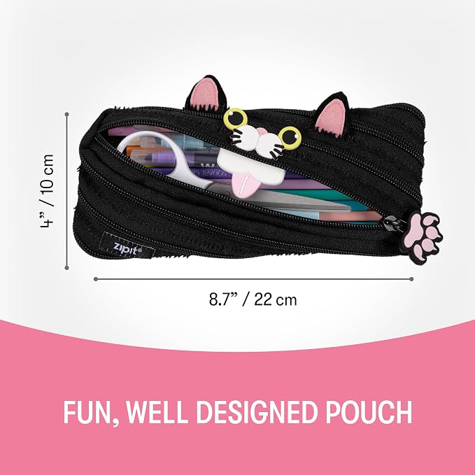 ZIPIT Cat Pencil Case for Girls, Cute Zipper Pouch for Kids Teens, Stationery Bag for School,Black