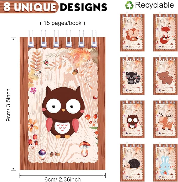 32 Pieces Mini Notebooks for Kids Woodland Party Favors, Woodland Animal Mini Notepads Forest Animals Spiral Notebook Owl Raccoon Squirrel Rabbit Decor for Kids Classroom (Lovely Style)