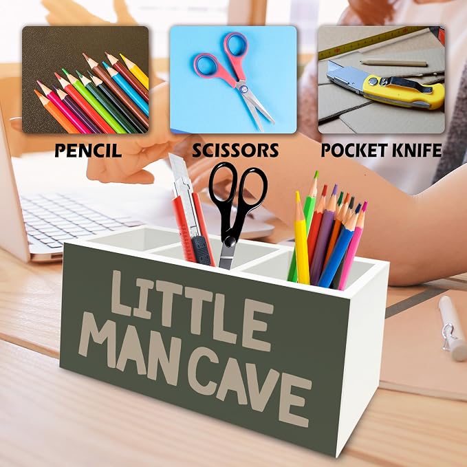 Boy Nursery Green Pen Pencil Holder Organizer for Desk, Little Man Cave Wooden Box Signs Decorations for Kids Room Bedroom Playroom Classroom Desk Tabletop, Boy Room Decor