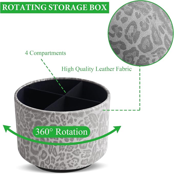 Round Leather Art Supply Organizer,Remote Control Holder,360 Degree Rotating,Multi-Functional Pencil Holder,4 Compartments Desktop Stationary Organizer(1-Leopard Grey)