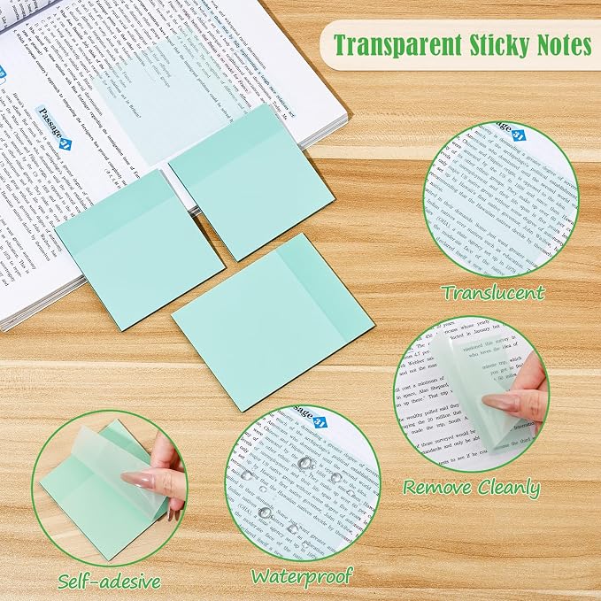 BAYTORY 1240 Sheets Transparent Sticky Notes, Clear Annotation Kit (Green) | 3 x 3 inch Page Markers, Translucent Self-Stick Index Tabs for Reading Bible Office Journaling