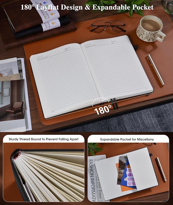 Lined Leather Journal Notebook for Men Women, Hardcover Journals with 256 Numbered Pages, A5 Journaling Notebooks for Writing, 100GSM Thick Ruled Paper for Business Work School 5.75"×8.38", Black