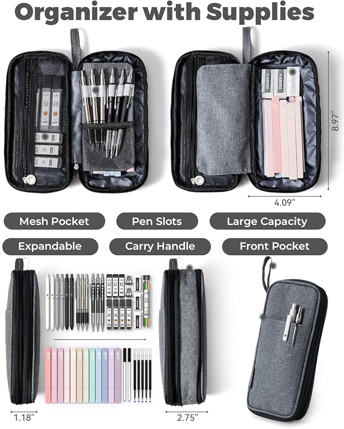 Four Candies School Supplies with Pen Case, 45ct Black | Back to School Stationery Set, Essentials for College & Nursing Students, 6 Gel Pens, 6 Mechanical Pencils, 12 Highlighters