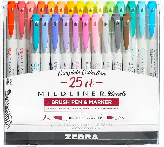 Zebra Pen MILDLINER No Bleed Brush Pen, Assorted Colors, Dual Tip, 25-Pack