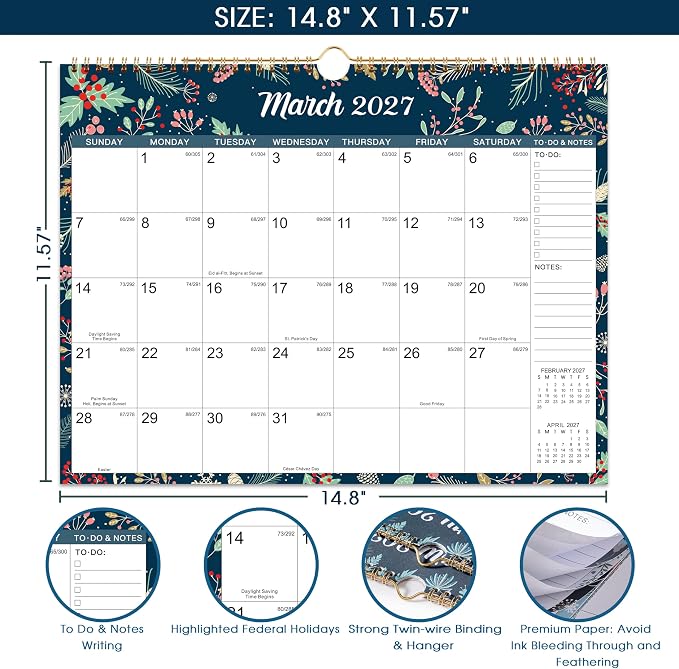 Wall Calendar 2026-2027, Jul 2026 - Dec 2027, 14.8" x 11.57", 18 Month | Calendar 2026-2027, Twin-Wire Binding, Julian Dates, Large Block, Notes & To-do List, Thick Paper, Perfect for Planning