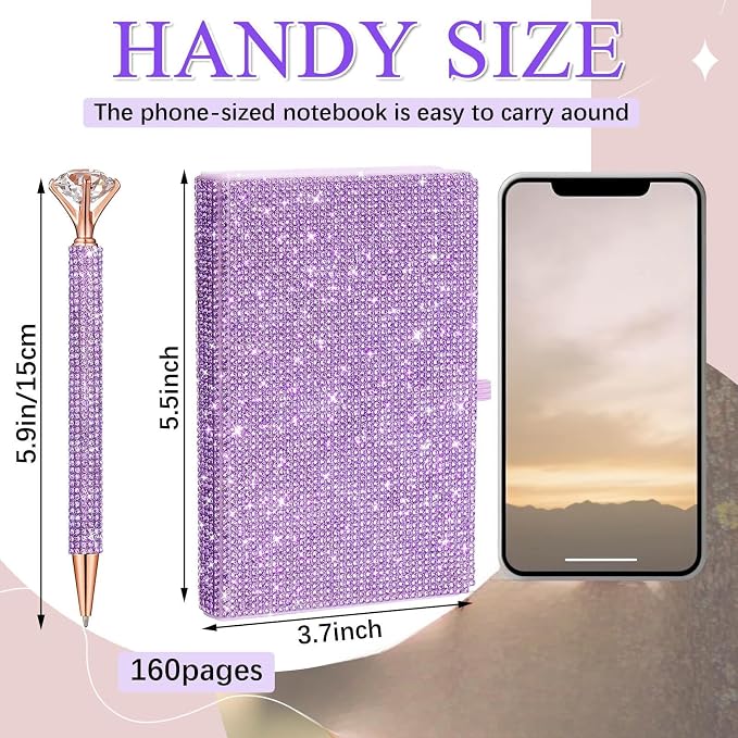 Rhinestone Pen & Glitter Notebook Set, Hard Cover Bling Diary Journal for Girls, Cute School Supplies for Back to School, Sparkly Desk Accessories Gift for Women(Rhinestone,A6,Purple)