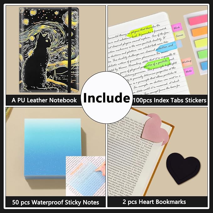 A5 Leather Lined Journal Notebook, 200 Pages Hardcover Executive Notebook for Men Women Office School Note Taking, Thick Writing Paper Daily Journal with Bookmarks/Indexes, Starry Night Cat