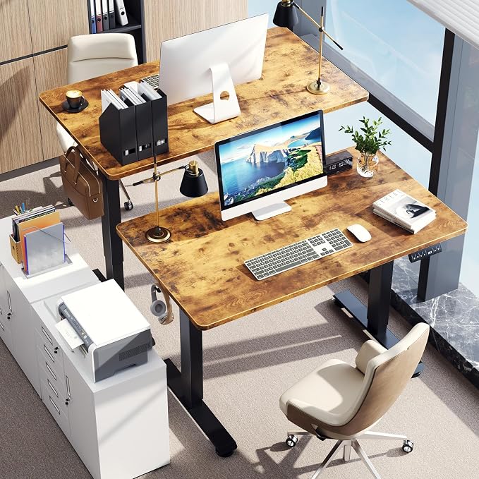Veken 47.2 Inch Large Electric Standing Desk, Gaming Table, Brown | Height Adjustable Sit Stand Up Computer Tables for Home Office, Study , Writing, Suit students, employees and group work