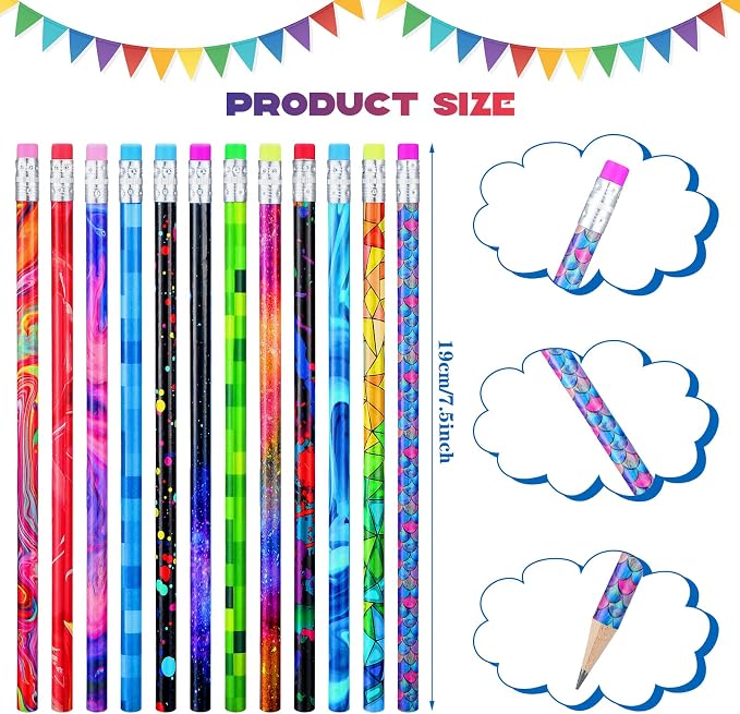 Chinco 25 Pcs Wooden Pencil with Eraser for Kids Colorful Pencils Bulk Writing Fun Assorted Novelty Kids Fun School Supplies for Classroom Gifts Teacher Student School Supplies (Classic Style)