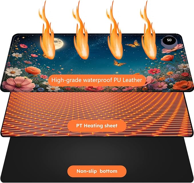 Large Heated Mouse Pad–23.6" x 14.2" Desk Mat for Office | 3 Adjustable Heat Levels,Auto Shut-Off After 3 Hours for Safety,Keeps Hands Warm While Working，Starry Sky Flower Field