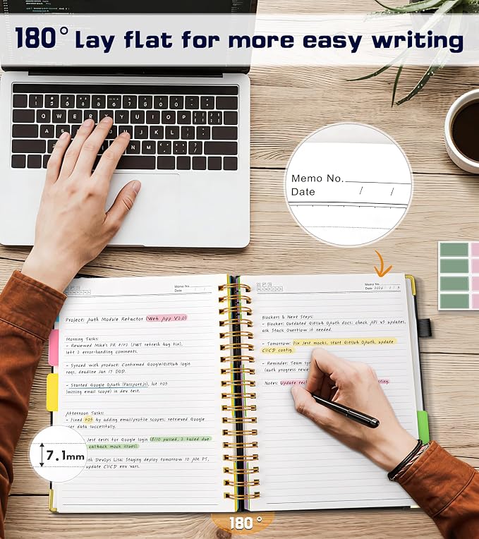 5 Subject Spiral Notebook Journal with Removable Dividers Tabs, 300 Pages Organizer Notebooks for Work School, 8"x10" Hardcover Leather Notebook College Ruled, Large Lined Journal for Women Men,Black