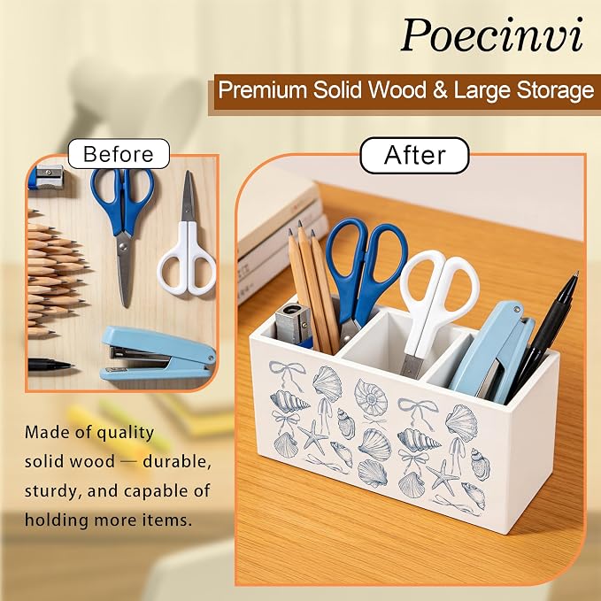 Coquette Bow Blue Coastal Seashell Pen Holder for Home Office Desk, Coastal Granddaughter Room Decor, Blue Preppy Girly Beach Wooden Box Sign Pencil Holder for Desk Shelf Organizer