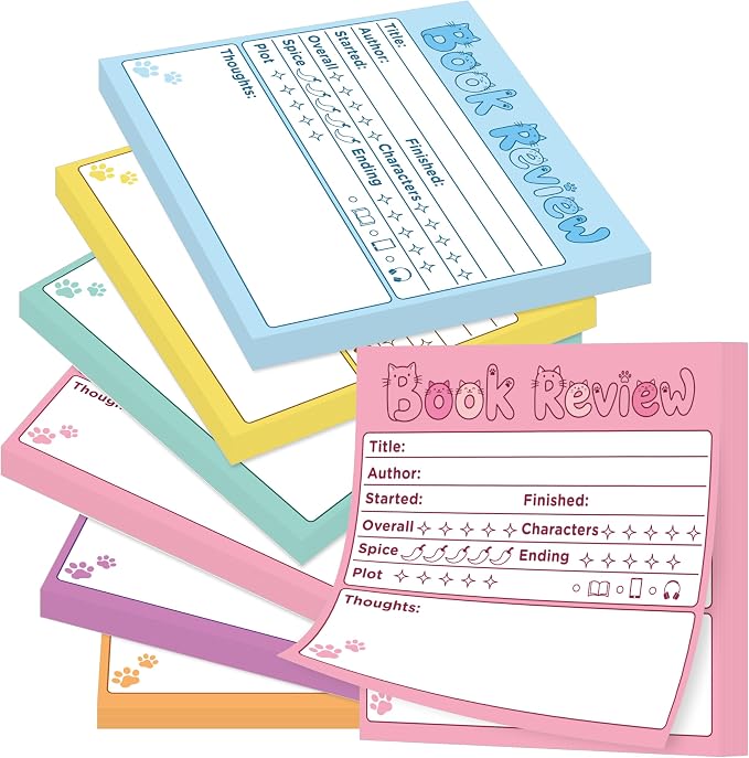 L1rabe Book Review Mini Sticky Notes - 6PCS Colorful Cat Self-Stick Notepad | Back to School Memo Pads for Students, Kitten Reading Tracker Log Stickers, Book Lovers Readers Bookworm Supplies, 300 Sheets