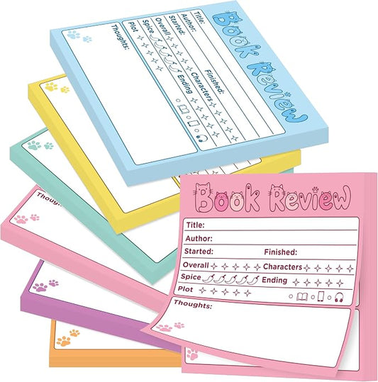 L1rabe Book Review Mini Sticky Notes - 6PCS Colorful Cat Self-Stick Notepad | Back to School Memo Pads for Students, Kitten Reading Tracker Log Stickers, Book Lovers Readers Bookworm Supplies, 300 Sheets