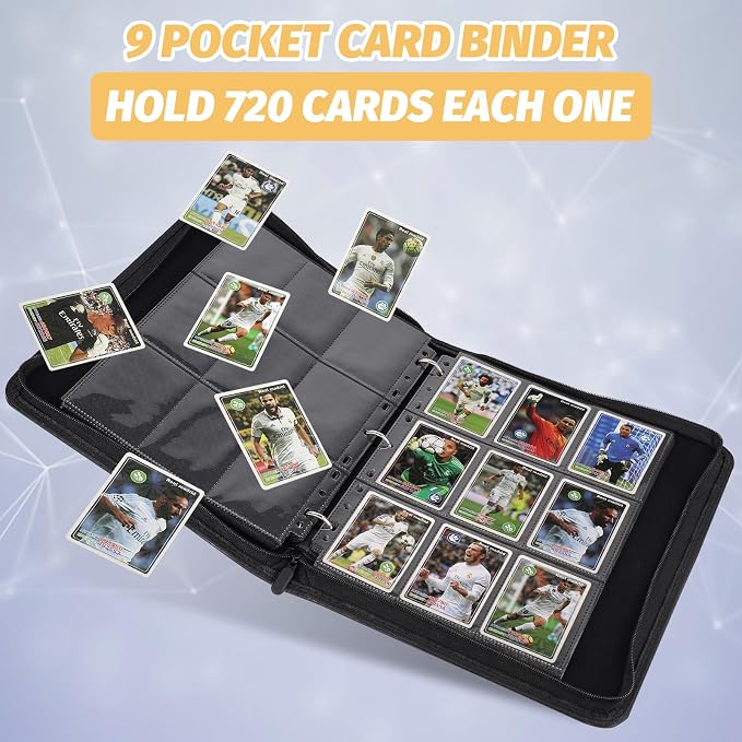 GERMUN 3 Ring 9 Pocket Zipper Card Binder, 720 Double Sided Standard PU Trading Card Album Folder for TCG & Sports Cards, Not Fit Top Loaders (Black)
